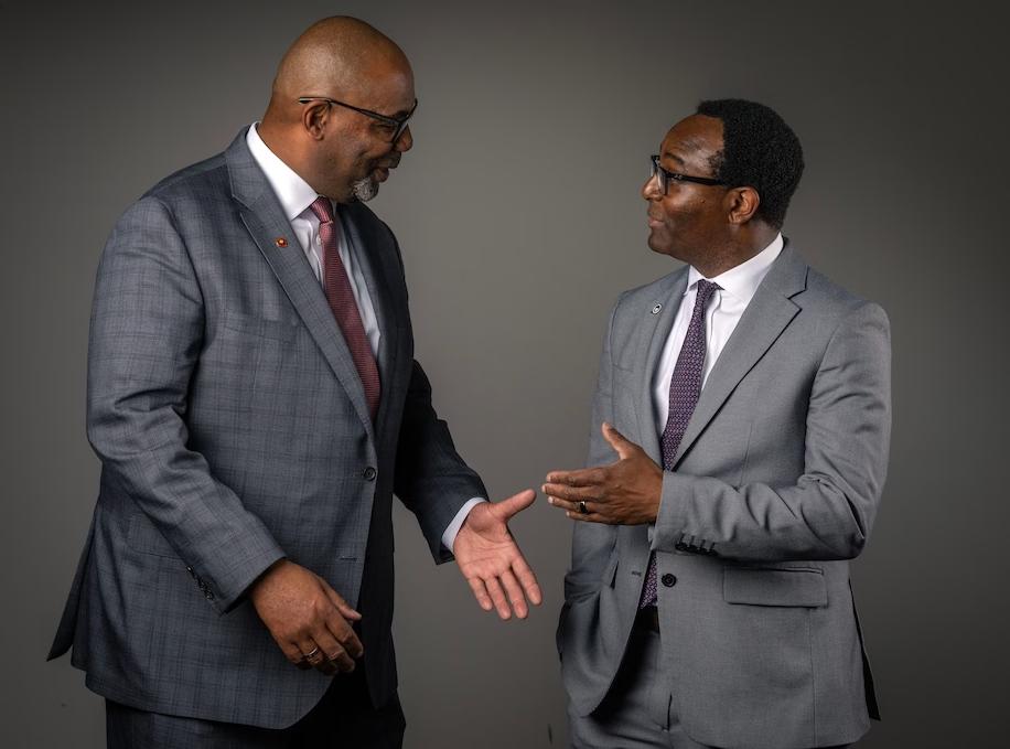 Ben Vinson III, left, incoming president of Howard University, and Maurice Edington, new president of the University of the District of Columbia, spoke together with the The Washington Post ahead of the new school year. (Bill O'Leary/The Washington Post)